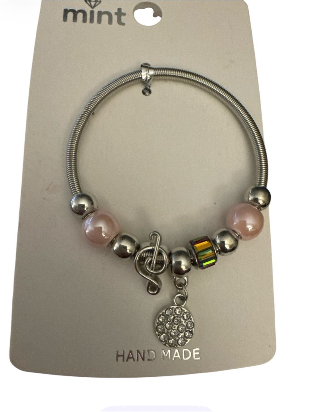Mint Silver-Tone Bracelet with Pink Beads and Iridescent Accent
